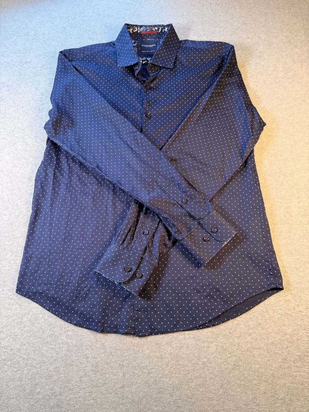 Denim & Flower Blue White Polka Dot Long Sleeve Button Up Dress Shirt Men M